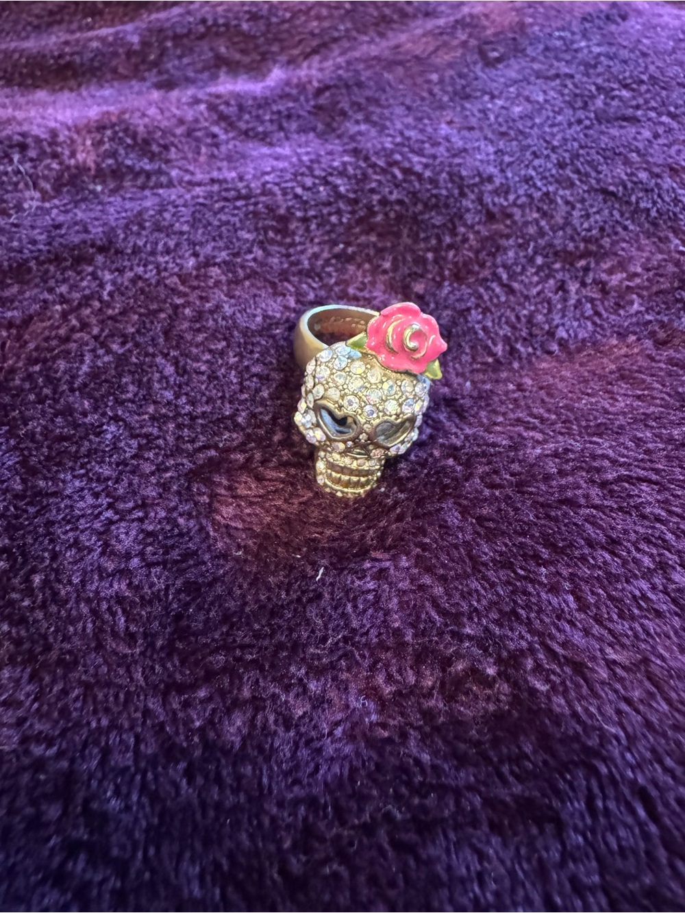 Betsey Johnson Gold Crystal Skull Ring with Pink Rose Accent